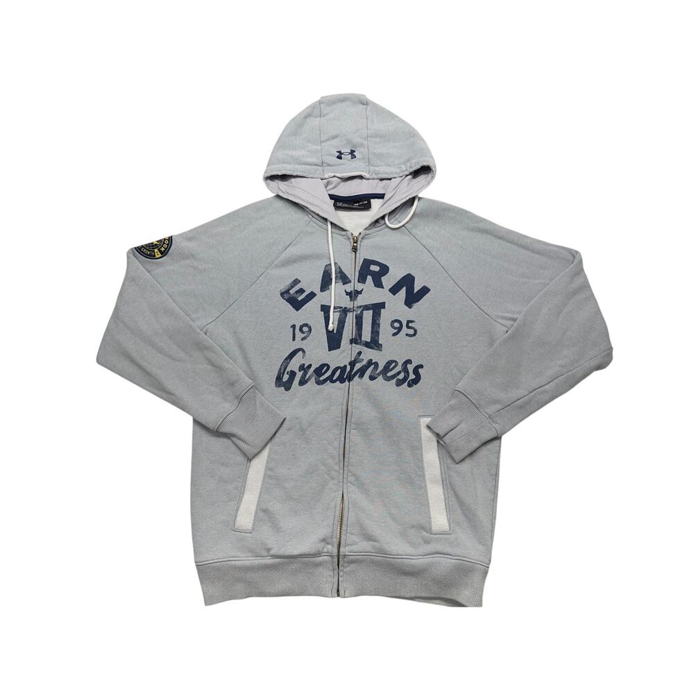 Under Armour Men’s Small Full Zip Hoodie Gray Earn Greatness Graphic Loose Fit